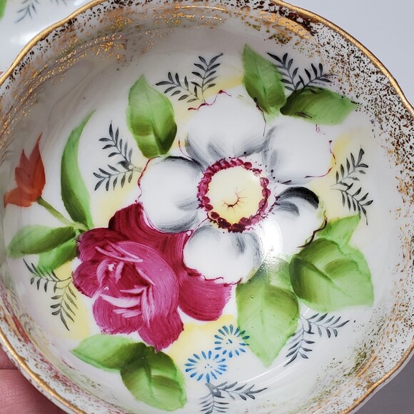 Floral Teacup and Saucer Japan Hand Painted Pink White Flowers - Picture 5 of 9